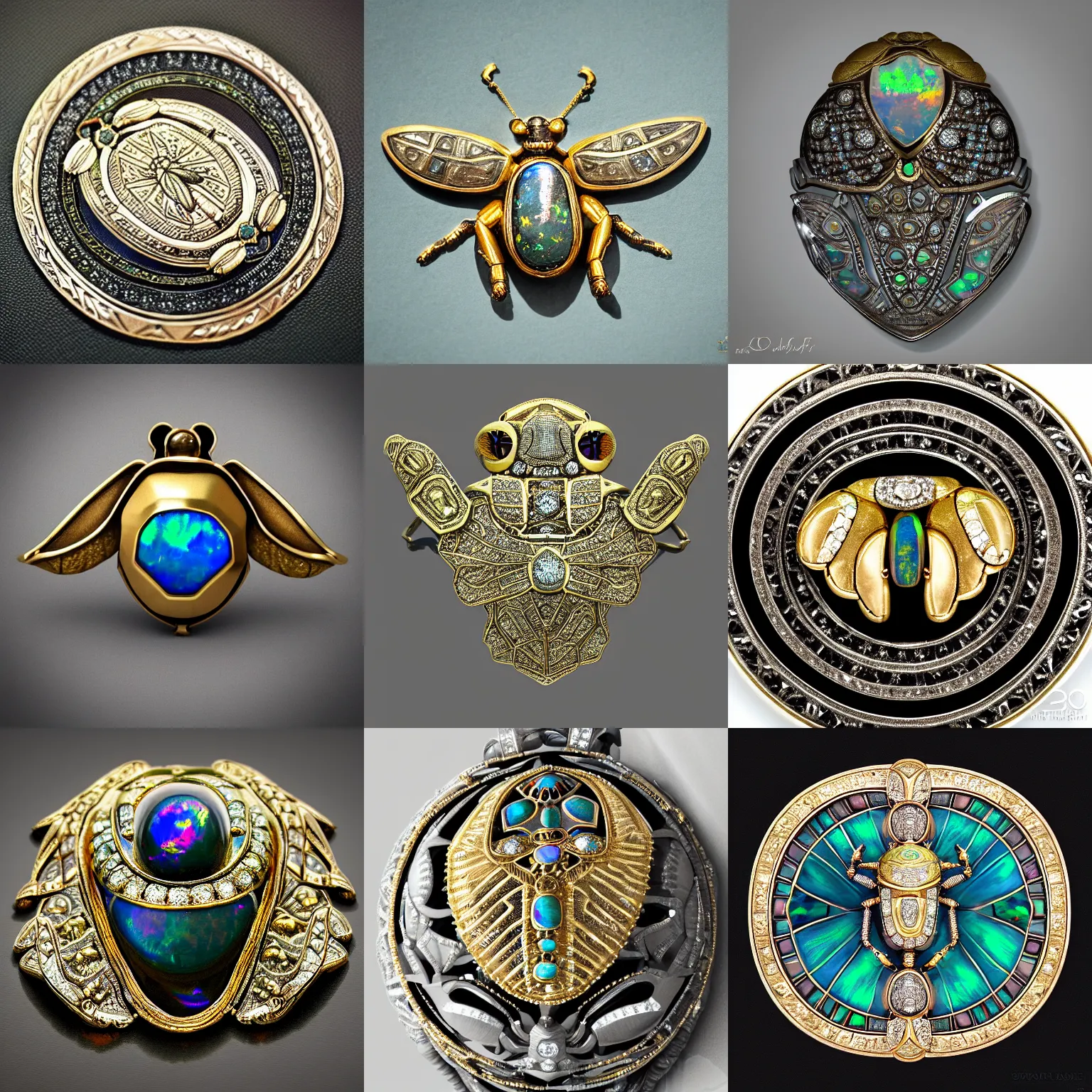 Prompt: jewelry engraved in scarab, beetle, opal diamond, art noveau, art deco, 8k , artstation, render, elegant, album art, artistic, in style of billelis, decorative art, insanely detail, gold, artwork, closeup, award winning