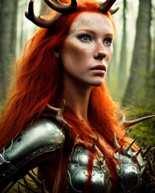 Image similar to 5 5 mm portrait photo of an armored redhead woman warrior, and antlers growing from her head, in a magical forest. by luis royo. highly detailed 8 k. intricate. lifelike. soft light. nikon d 8 5 0. cinematic post - processing