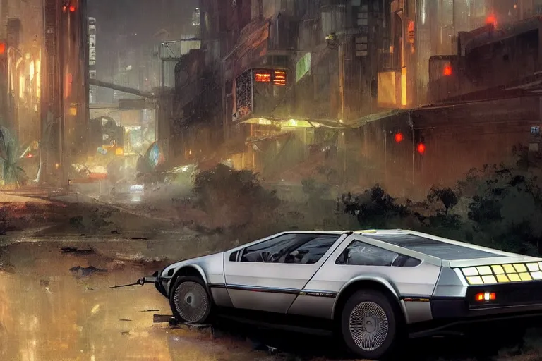 Image similar to photograph of the delorean, with a sleek spoiler, driving down the streets of a cyberpunk abandoned city, by greg rutkowski, by stanley artgerm, by alphonse mucha