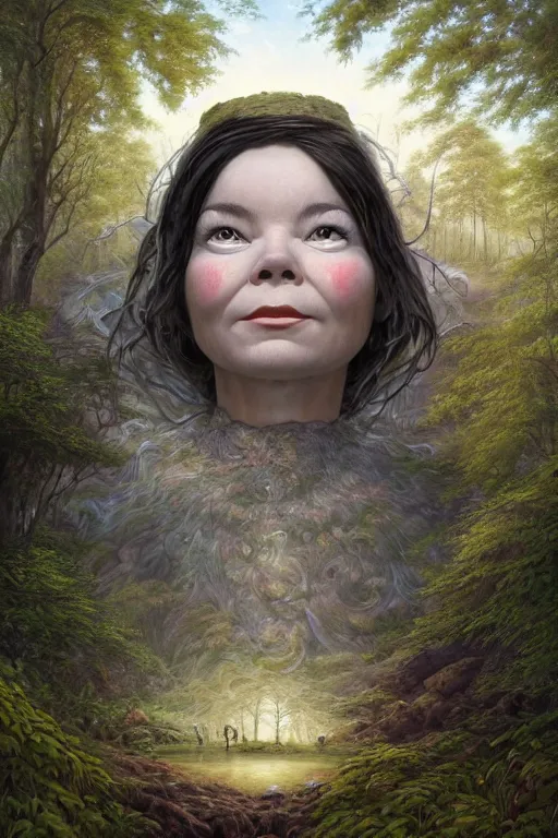 Image similar to beautiful bjork portrait by hubert robert and lee madgwick and roger dean and jacek yerka, dan mumford and alex grey style, soft lighting, 4 k hd wallpaper illustration concept joy atmospheric lighting