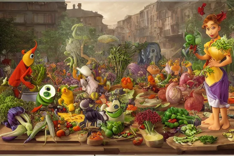 Prompt: vegetable small creatures parade on a cutting board. kitchen in the background. digital art, realistic, pixar style, highly detailed, cinematic, matte painting, vivid colors, realistic, epic, low angle, lighting, by greg rutkowski and artgerm and alphonse mucha