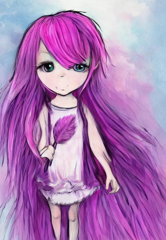 Image similar to little girl with eccentric pink hair wearing a dress made of purple feather, art by dcwj