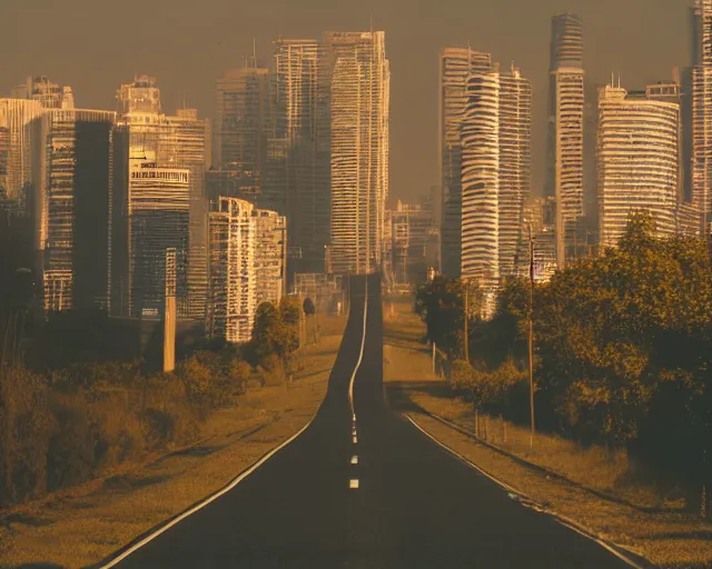 Image similar to a road leading to a silhouette of city