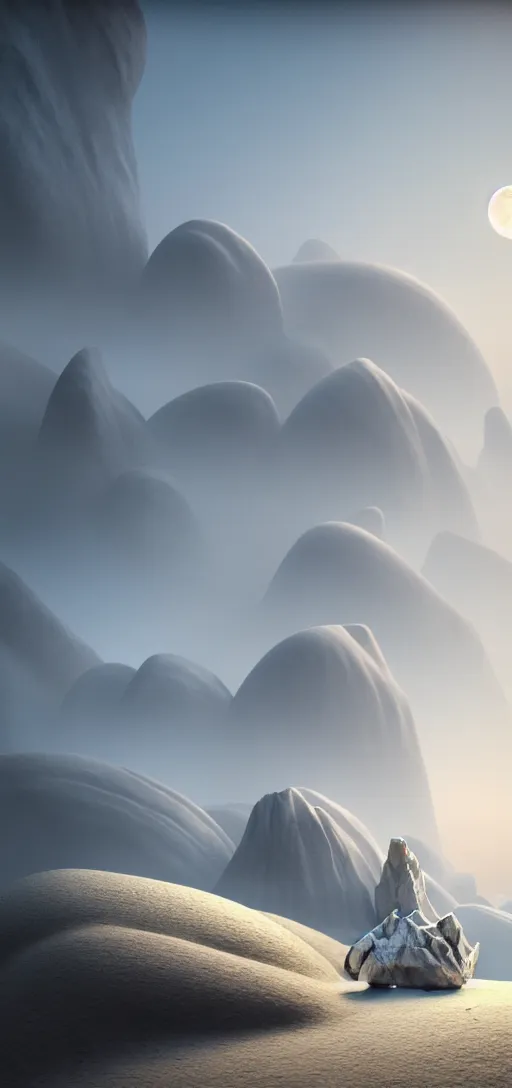 Image similar to octane render uhd, filmic lighting, cinematic art shot, hyperrealistic, hyperdetailed, super detailed, 8 k, high resolution, sandy white moon landscape, white rocks made of bone, seashell food made of crystals on a plate, 8 k uhd matte painting by ross tran and ivan aivazovsky, mega high white mountain, midnight