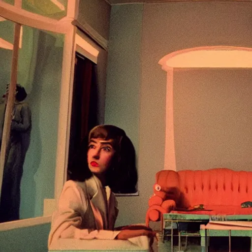 Image similar to film still from surreal arthouse film, avant garde, wes anderson color palette, unusual lighting choices, award winning set design