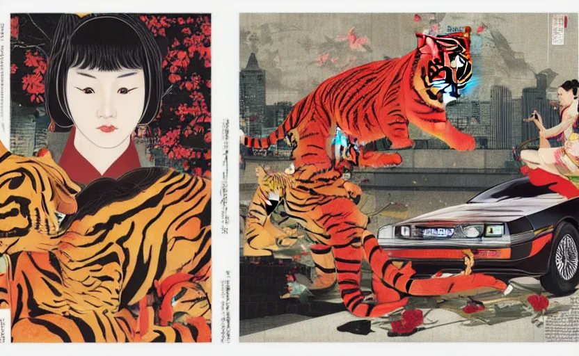 Image similar to a red delorean x a yellow tiger, art by hsiao - ron cheng & utagawa kunisada in magazine collage style,