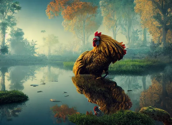 Prompt: soft painting large rooster reflection refraction world synthwave ruins ponds alien vegetation, accurate features, focus, very intricate ultrafine details, black autumn, dense fog, award winning masterpiece, octane render 8 k hd, fantasy