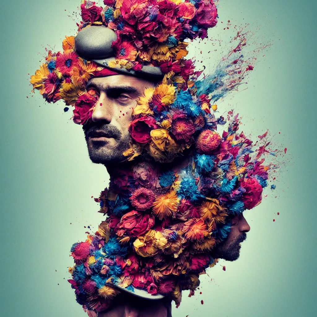 Image similar to an album cover of a man with a strange hat on his head by Alberto Seveso, behance contest winner, award winning, masterpiece, pop surrealism, made of flowers, surrealist-H 1024