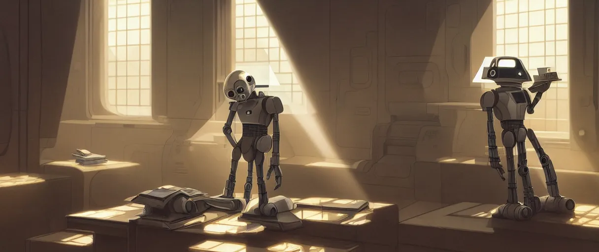 Prompt: digital painting of a droid robot reading a book, concept art, by Ralph mcquarrie, sunlight pouring through window, large scale, high detail, futuristic, godrays, volumetric lighting, warm lighting