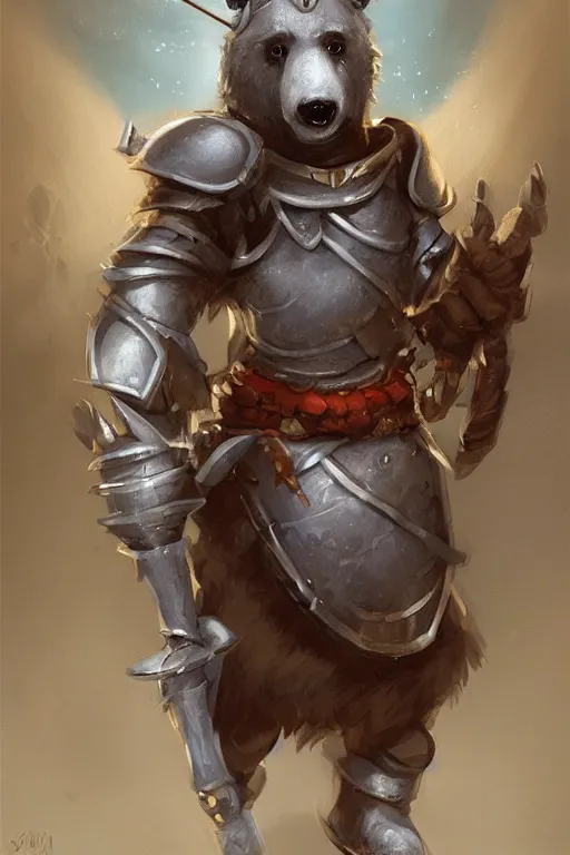 Image similar to cute little anthropomorphic bear knight wearing a cape and a crown, tiny, small, miniature bear, baby animal, short, pale blue armor, cute and adorable, pretty, beautiful, DnD character art portrait, matte fantasy painting, DeviantArt Artstation, by Jason Felix by Steve Argyle by Tyler Jacobson by Peter Mohrbacher, cinematic lighting