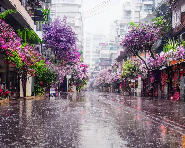 Prompt: a city street under rain of flowers cgstation