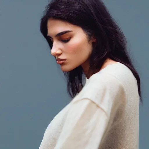 Prompt: Portrait profile photo of a beautiful supermodel, beautiful bone structure, long dark hair, olive skin, eyes closed, natural makeup, studio lighting, highly detailed, cinestill 800t