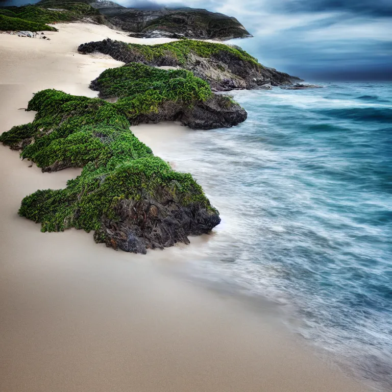 Image similar to surreal hyperrealistic photograph of a beach, shot toward the ocean