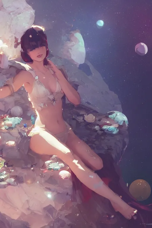 Prompt: A beautiful whimsical woman sitting on a bed of crystals below planets, cinematic lighting, dramatic atmosphere, by Dustin Nguyen, Akihiko Yoshida, Greg Tocchini, Greg Rutkowski, Cliff Chiang, 4k resolution, trending on artstation