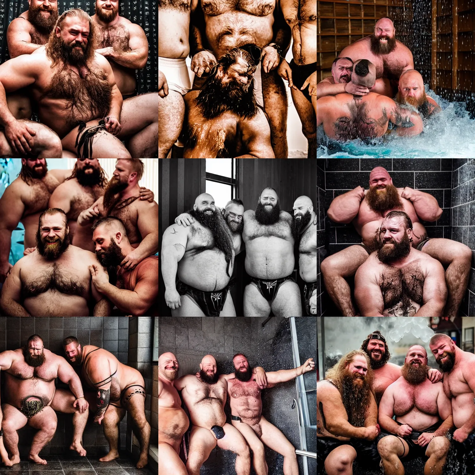 Prompt: band of big burly hairy manly viking strongmen spooning under a shower, wholesome, warm, dad energy, safe, love, affection, epic, brotherhood, photography