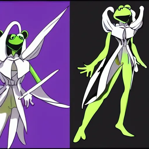 Image similar to kermit the frog as ragyo kiryuin from kill la kill, anime