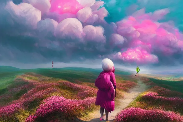 Prompt: giant dahlia flower as the head, girl walking on mountain, surreal photography, pink storm clouds, dramatic light, impressionist painting, digital painting, artstation, simon stalenhag