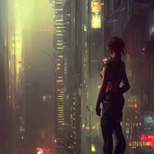 Image similar to wanderer in a cyberpunk megacity, dramatic lighting, detailed background, gorgeous view, realistic, high detail, depth of field, lightrays, atmospheric, digital art, painted by greg rutkowski, painted by jeremy mann, painted by alphonse mucha, trending on artstation