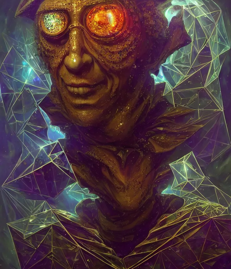 Image similar to front!!! shot of a court jester!!! character, mesmerizing fractal hypercubes, dark holography!!!, future, metallic galactic, crystalline edges, polygonal, elegant, highly detailed, centered, (((artstation, concept art, jagged, sharp focus, artgerm, Tomasz Alen Kopera, Peter Mohrbacher, donato giancola, Joseph Christian Leyendecker, WLOP, Boris Vallejo))), ((raytracing)), mugshot!!!!!, ugly!!!!!!, octane render, nvidia raytracing demo, octane render, nvidia raytracing demo, octane render, nvidia raytracing demo, 8K