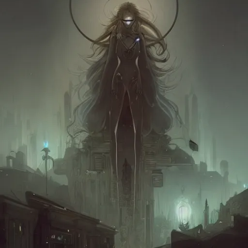 Image similar to a detailed illustration of a weeping woman against the background of a ravaged city and a dark moonlit sky, artstation, by Peter Mohrbacher, Art Nouveau, sophisticated, Unreal engine, dystopia, anti-utopia, post processing, nostalgic melancholic artwork, intricate