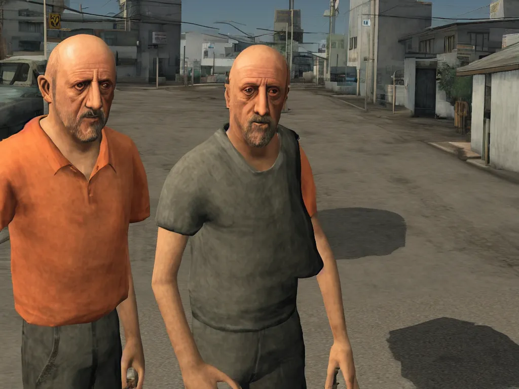Prompt: Mike Ehrmantraut in Grove Street, screenshot from the PS2 version of GTA San Andreas, orange sky