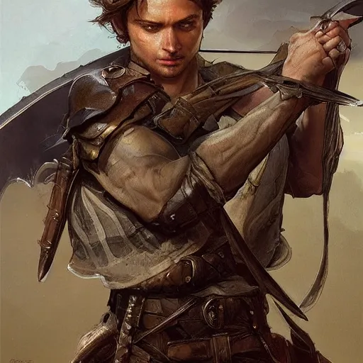 Image similar to portrait of a young rugged ranger holding his longsword up, hands, muscular, upper body, D&D, fantasy, intricate, elegant, highly detailed, digital painting, artstation, concept art, smooth, sharp focus, illustration, art by Artgerm and Greg Rutkowski and Alphonse Mucha