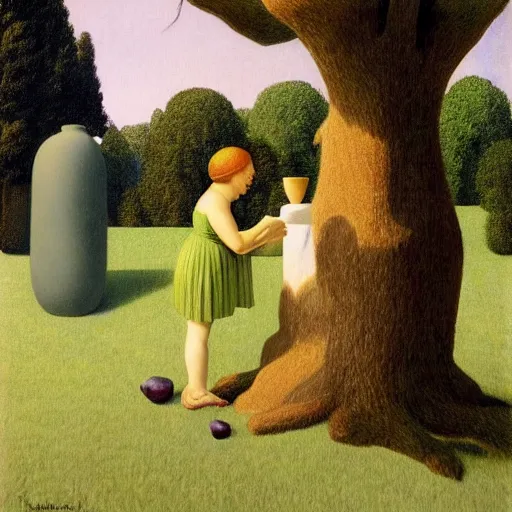 Prompt: a talking tree invites you over for lunch by Raphael, Hopper, and Rene Magritte. detailed, romantic, enchanting, trending on artstation.