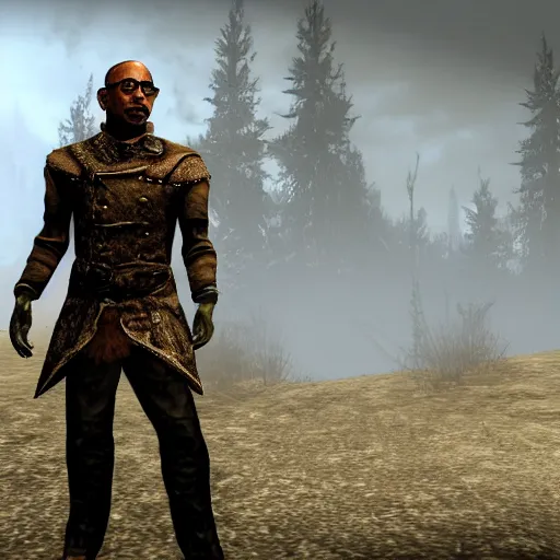 Image similar to gus fring in skyrim, redguard, tamriel, elder scrolls, adventuring gear, business suit, highly detailed, dark brotherhood