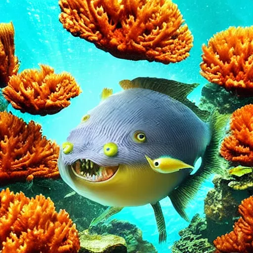 Image similar to photo of an extremely cute alien fish swimming an alien habitable underwater planet, coral reefs, dream - like atmosphere, water, plants, peaceful, serenity, calm ocean, tansparent water, reefs, fish, coral, inner peace, awareness, silence, nature, evolution