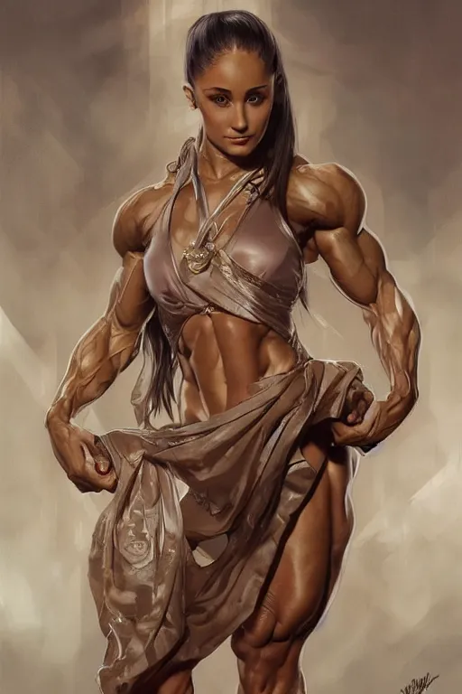 Image similar to muscular cottagecore bodybuilder Ariana Grande , big muscles, fitness gym, intricate, elegant, highly detailed, digital painting, artstation, concept art, smooth, sharp, focus, illustration, art by artgerm and greg rutkowski and alphonse mucha