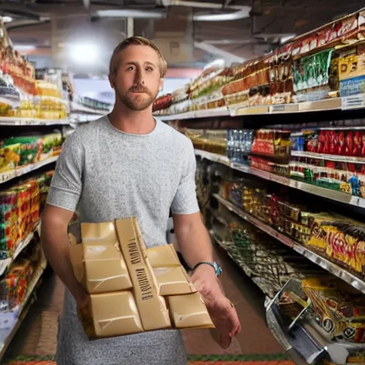 Image similar to ryan gosling at a grocery store counter, holding milky way candy bars, hidden camera photo, photograph, hyperrealistic, 8k resolution