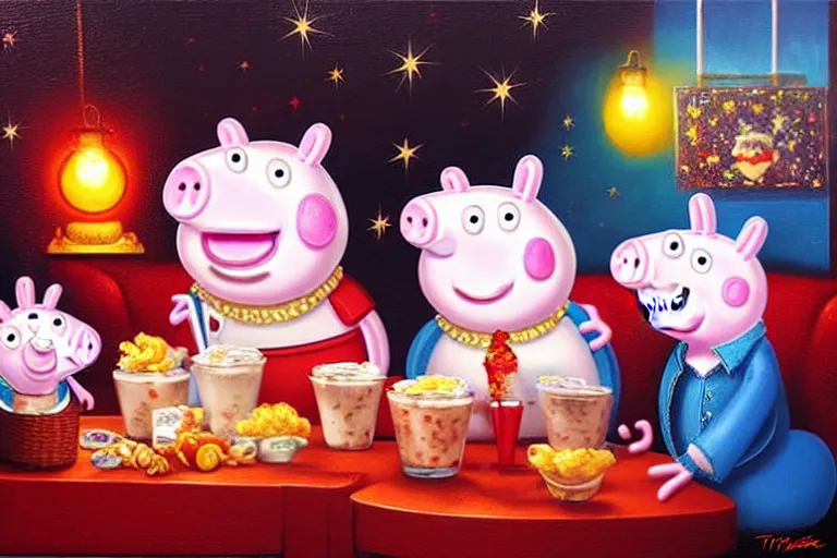 Image similar to michael jackson sharing a milkshake with peppa pig late night, an oil painting by ross tran and thomas kincade