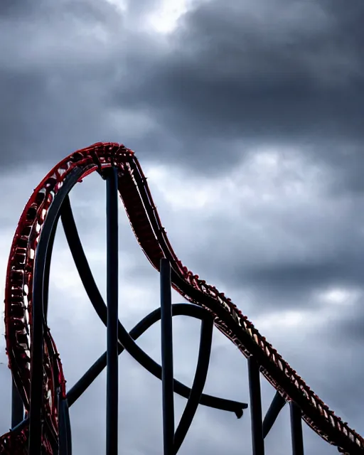 Image similar to a high definition photograph of a roller coaster track that goes up into the dark clouds