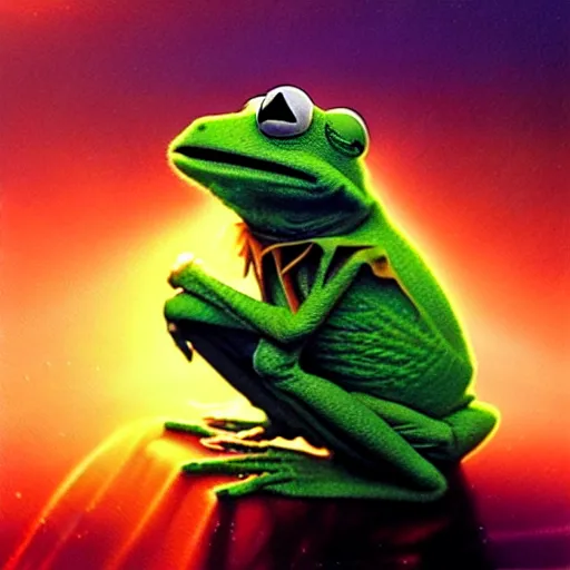 Image similar to transcendent kermit the frog, psychedelic indigo honey flowing like kaleidoscopic translucent amber, lsd waves, honey ripples, enlightenment, dramatic professional lighting, refracted sunset lighting, highly detailed, concept art, art by collier, albert aublet, krenz cushart, artem demura, alphonse mucha