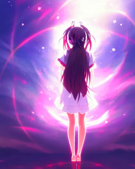 Image similar to anime style, vivid, expressive, full body, 4 k, painting, a cute magical girl with a long wavy black hair, stunning, realistic light and shadow effects, centered, simple background, studio ghibly makoto shinkai yuji yamaguchi