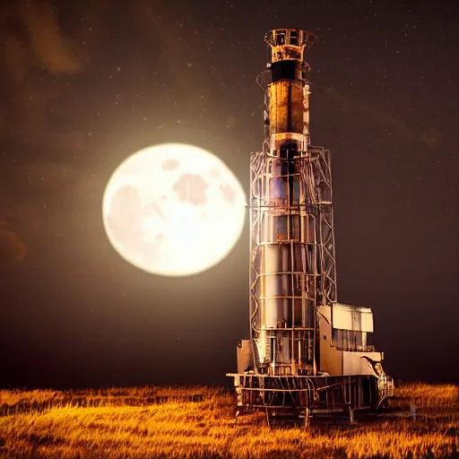 Image similar to a steam powered moon rocket from a jules vernes novel, natural lighting, at night, moon in sky, high resolution