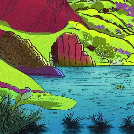 Prompt: illustration of a lush natural scene on an alien planet by brian millar. beautiful landscape. colourful weird vegetation. cliffs and water.