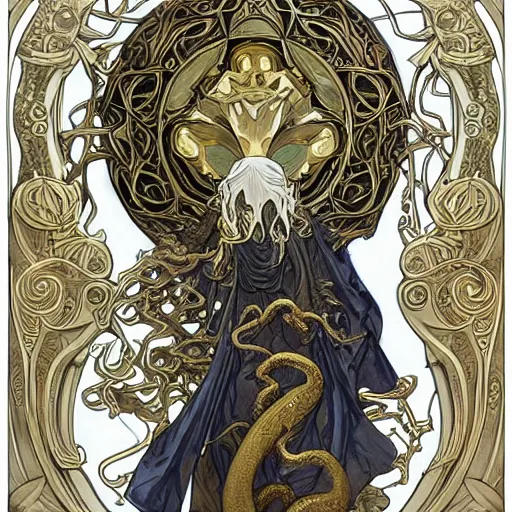 Prompt: angelarium, cthulhu, illithid, art nouveau, white marble and gold, alphonso mucha