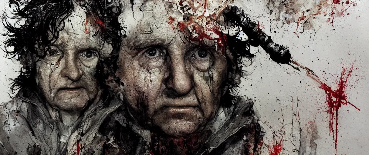 Image similar to portrait of scarry bilbo baggins from lord of the rings, jupscare scene with ian holm from fellowship of the ring by emil melmoth zdzislaw beksinki craig mullins yoji shinkawa realistic render ominous detailed photo atmospheric by jeremy mann francis bacon and agnes cecile ink drips paint smears digital glitches glitchart