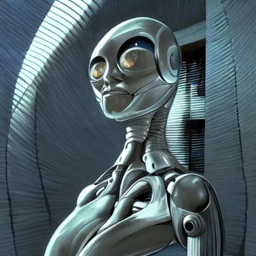 Image similar to detailed face of a synthetic sentient super - intelligent humanoid with eyes warming up, rammed earth courtyard, cool skydome, fresh atmosphere, ambient, rick guidice, syd mead, hajime sorayama