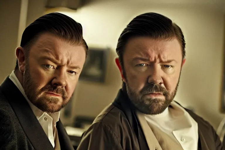 Image similar to an 8 5 mm portrait of ricky gervais as a 1 7 0 0's gangster by gustave baumann and aron demetz, beautiful lighting, dramatic, noise, film