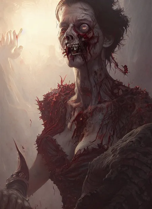 Image similar to stephen king as a zombie, deep focus, d & d, fantasy, intricate, elegant, highly detailed, digital painting, artstation, concept art, matte, sharp focus, illustration, hearthstone, art by artgerm and greg rutkowski and alphonse mucha