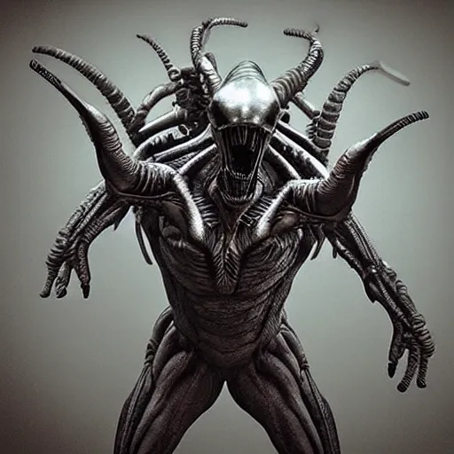 Image similar to “Alien, xenomorph, god of death, dark, evil, fantasy, intricate detail , realistic render”