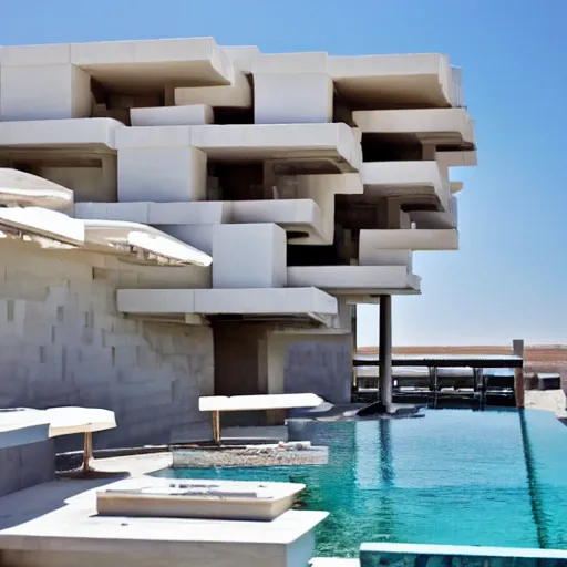 Prompt: habitat 6 7, white lego architect hotel in the dessert, many plants and infinite pool