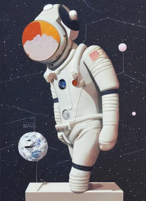 Image similar to a surreal contemporary ceramic sculpture of an astronaut on a plinth, by victo ngai, by hikari shimoda, by tracie grimwood, plain black background