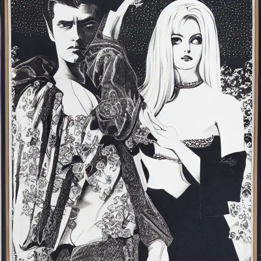 Image similar to 1 9 6 0 s symmetrical pretty elegant brigitte bardot as a vampire with alain delon, very detailed intricate intaglio, style of takato yamamoto lots of flowers