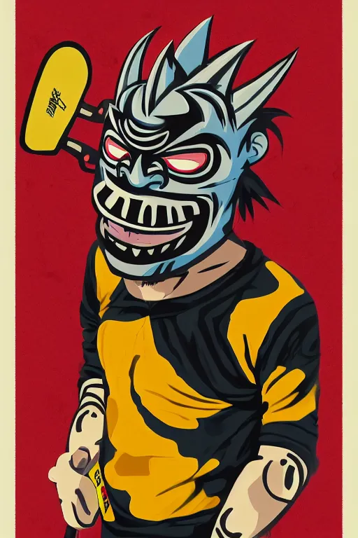 Image similar to guy wearing oni mask and bring skateboard. pop art, no duplicate image, without duplicating image, ultra details, digital painting, artstation, concept art, smooth, sharp focus, illustration, intricate details, art by richard hamilton and mimmo rottela, pixels art by kirokaze and paul robertson