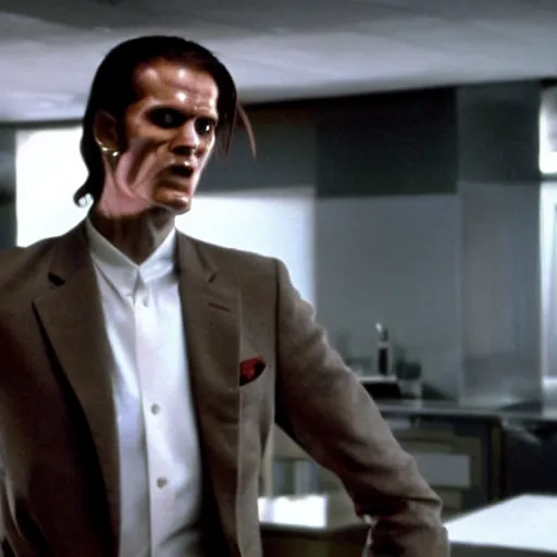 Image similar to Anthromorphic dragon man in the American Psycho (2000), doing the Bateman stare, cinematic still, 4K Bluray