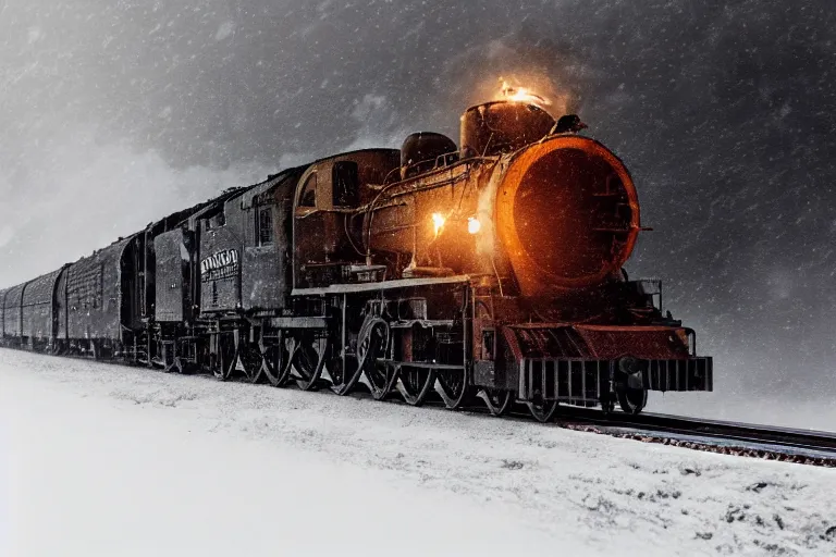 Image similar to an old locomotive rushing through snow storm in high speed, white steam on the side, dark smoke with fire! from the pipes, dynamic angled shot, speed lines, fire particles and snowflakes everywhere, 8 k, by jean - baptiste monge, 1 6 k, eerie moon eclipse cinematic scenery