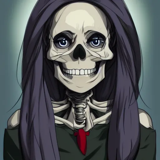 Image similar to manga fine details portrait of joyful skull girl skeleton. anime masterpiece by Studio Ghibli. 8k render, sharp high quality anime illustration in style of Steve Ditko, artstation